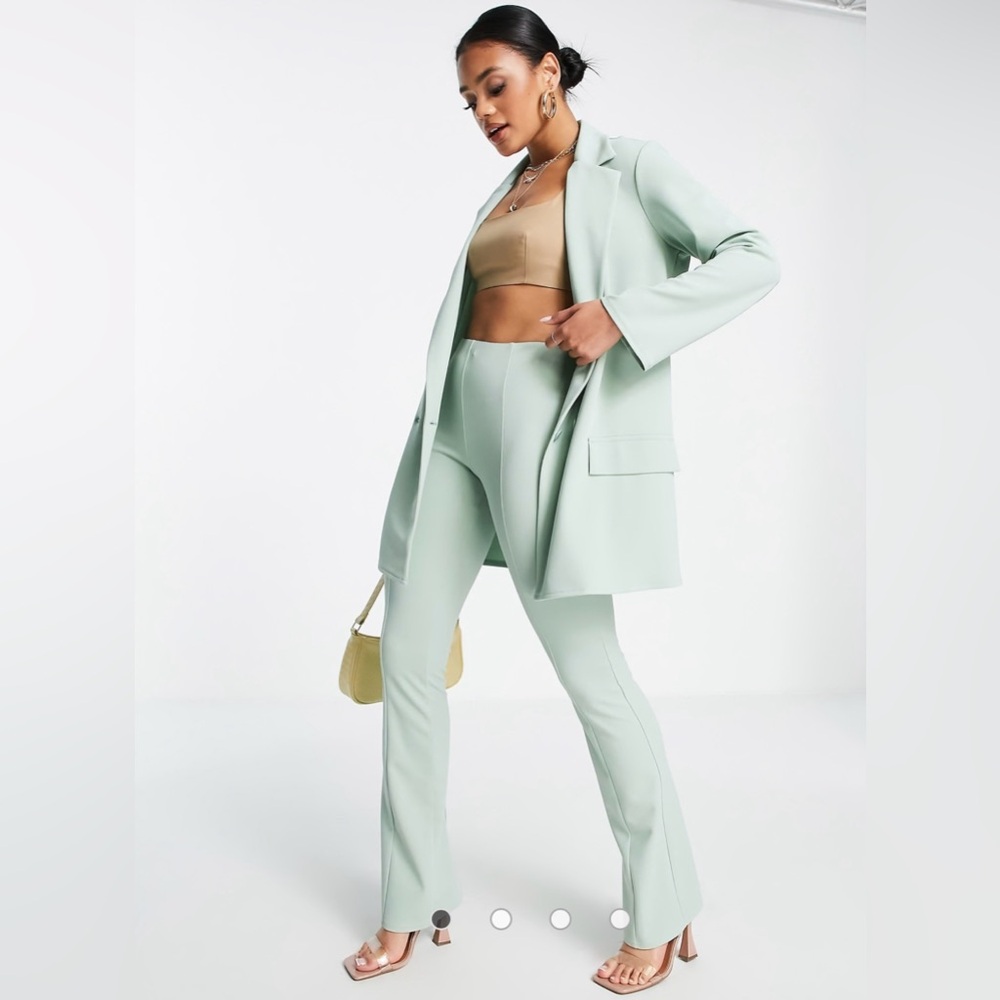 ASOS DESIGN jersey suit low rider baby kick flare pants in sage size 12p